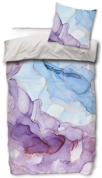 Bomuldssatin sengetøj 140x200 cm - Marmor Lilla og Guld - Lilla sengetøj